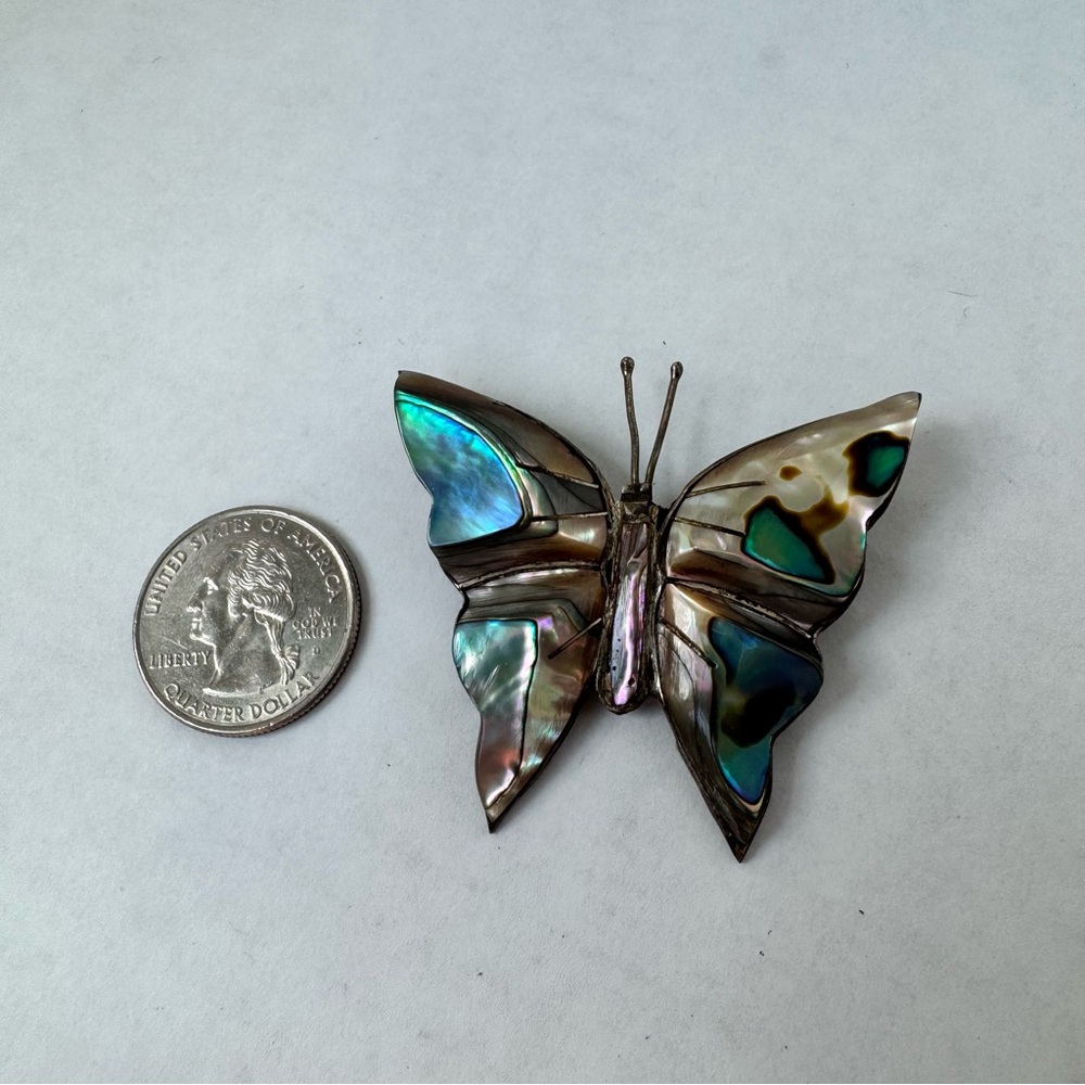 Vintage Mexican Sterling Silver 925 Abalone Butterfly Brooch Blue Green Pin - Picture 15 of 16